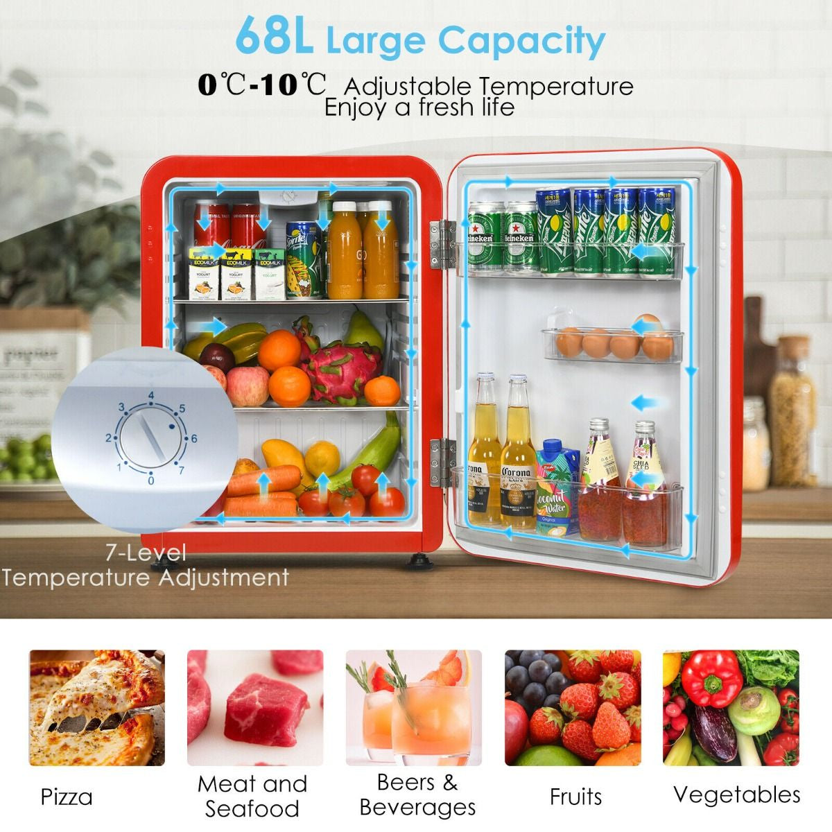 68L Compact Refrigerator with LED Light and Adjustable Thermostat