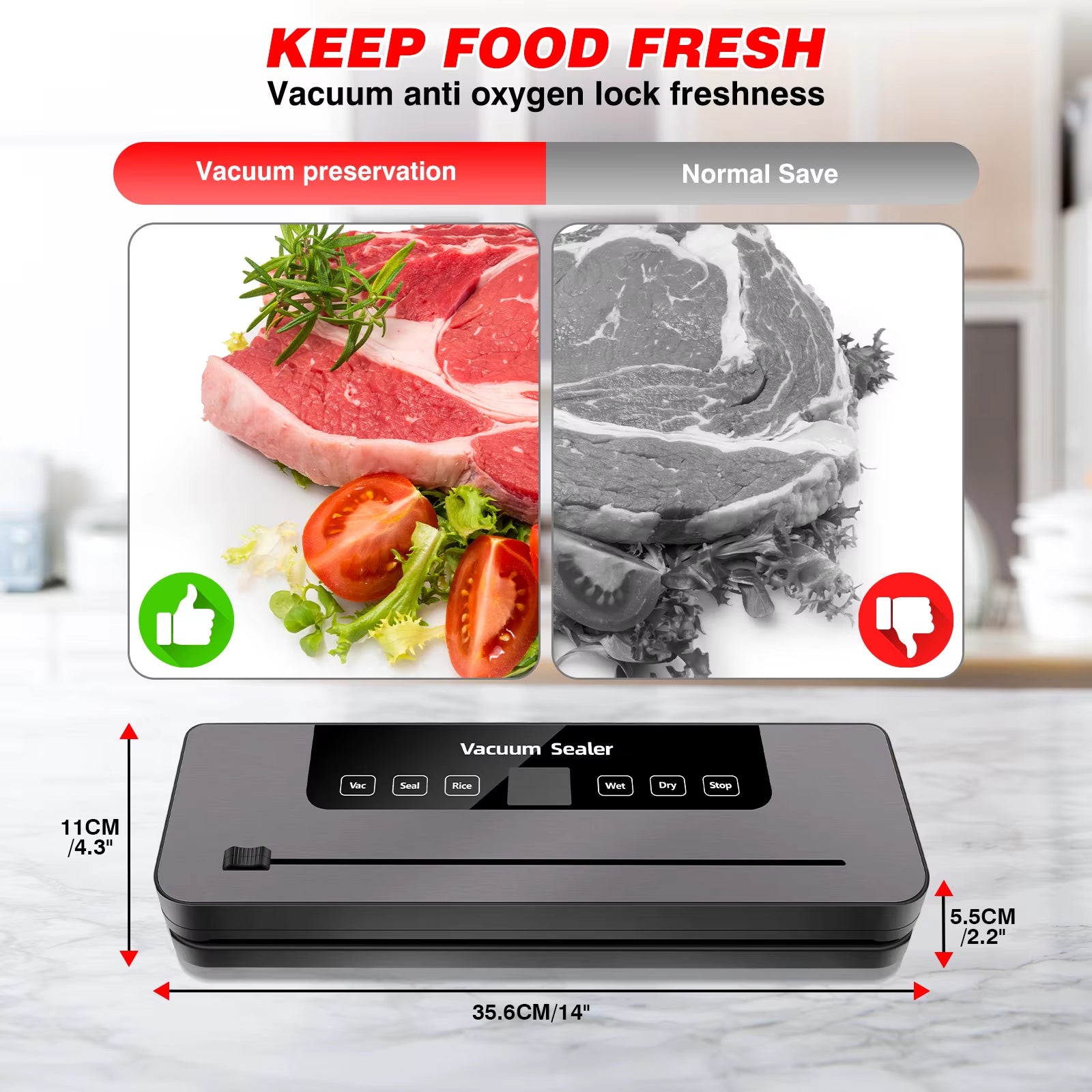 Vacuum Food Sealer Electric Sealing Machine Automatic Vacuum Sealer Dry Wet Pack Dry Wet Pack Machine, 10Bags